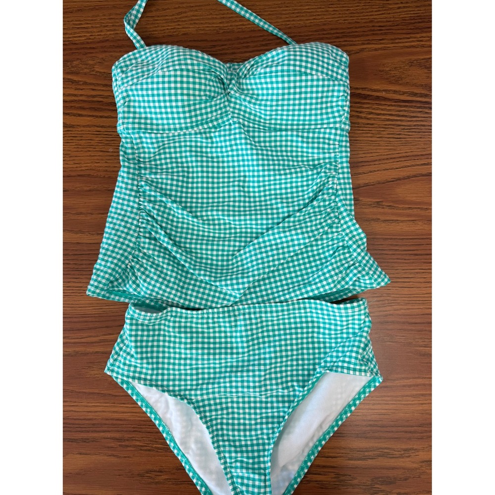 Draper James Green and White Gingham Seersucker Tankini Swimsuit